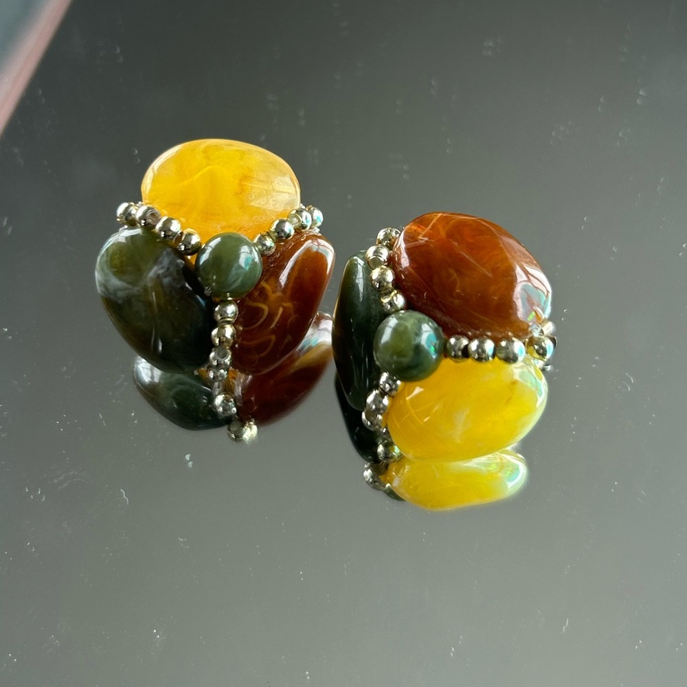 Antique Citrine, Moss agate, Tiger’s eye Flower Clip-on Earrings